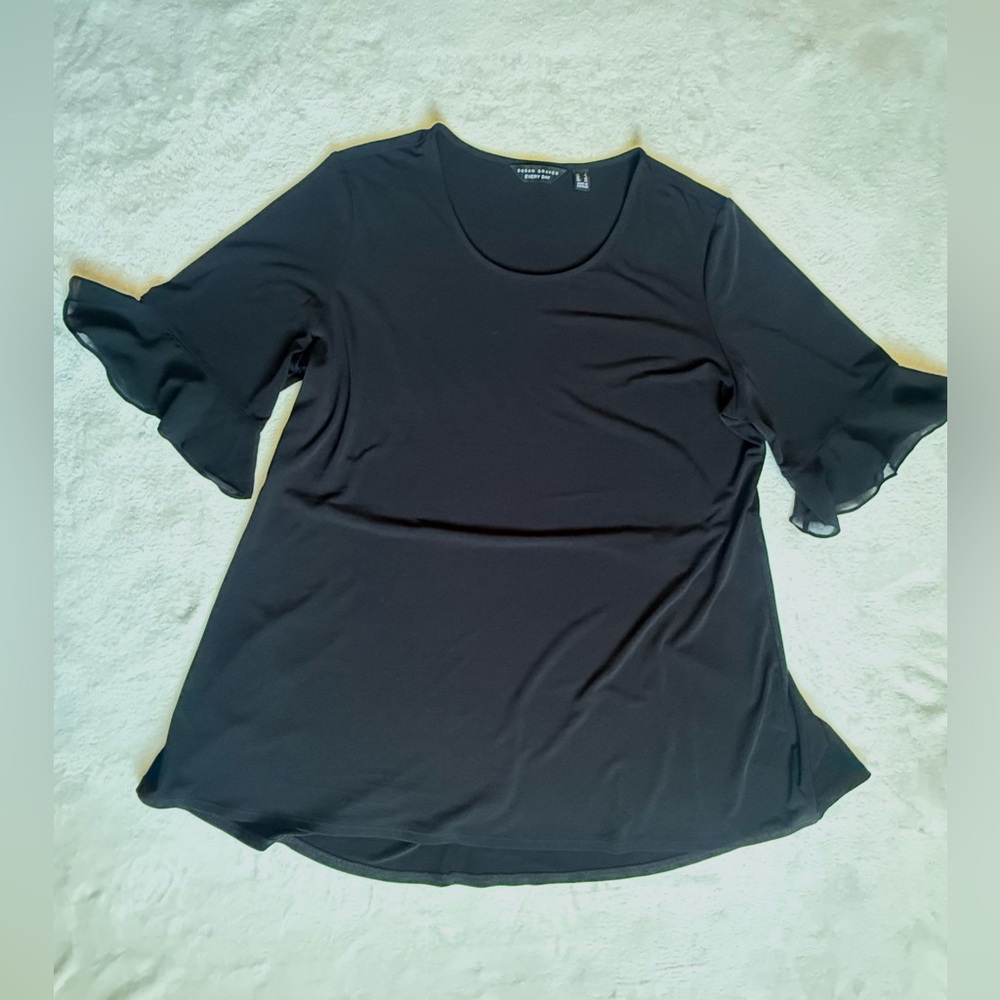 Every Day by Susan Graver LRG Liquid Knit Peplum Tunic w/ Chiffon Ruffles Black